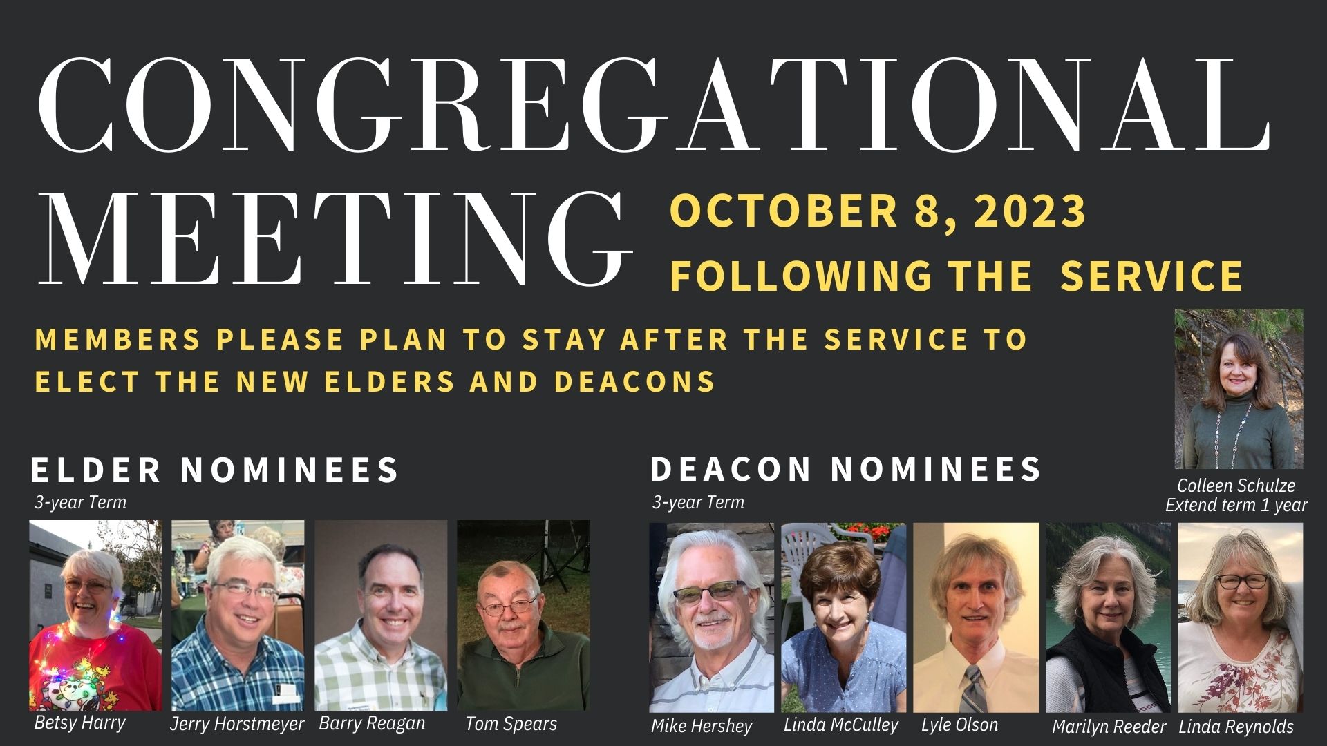 Congregational Meeting October 8 to elect new elders and deacons